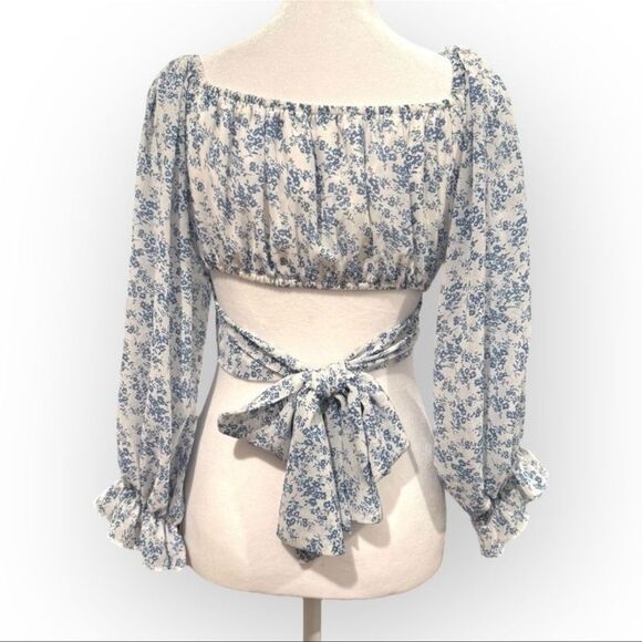 She + Sky Blue Floral Tie-Back Crop Top - Size Small - Picture 2 of 4